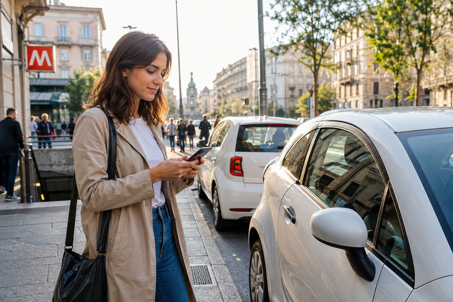 Giovane donna che usa lo smartphone per selezionare un’auto in car sharing parcheggiata vicino a una stazione della metro, in una città luminosa e trafficata.