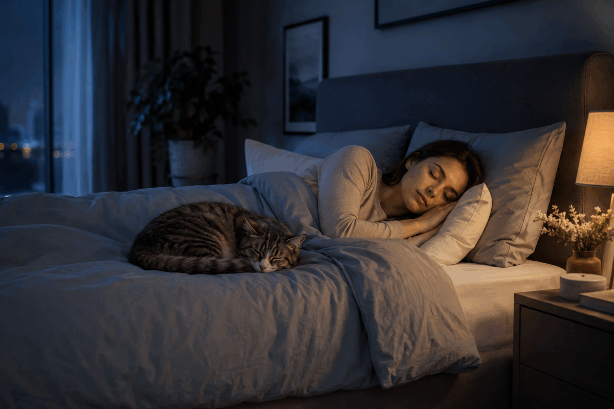 Persona adulta che dorme serenamente in una camera moderna di notte, con un gatto accoccolato sulle coperte vicino a lei.