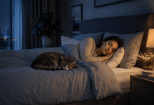 Persona adulta che dorme serenamente in una camera moderna di notte, con un gatto accoccolato sulle coperte vicino a lei.