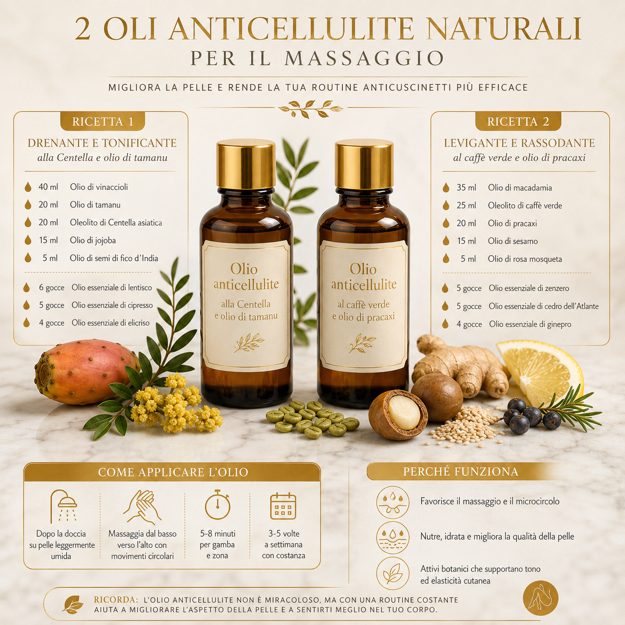 Infografica elegante con due ricette di olio anticellulite naturale per il massaggio, alla Centella e tamanu e al caffè verde e pracaxi, con dosi, ingredienti attivi, modalità di applicazione e benefici per la pelle.