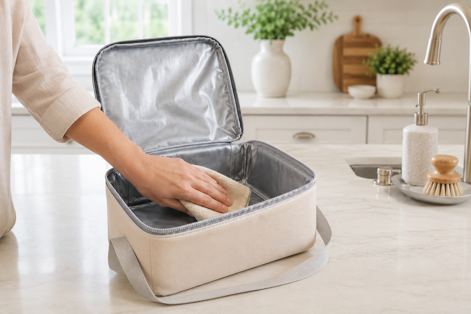 Mano che pulisce l’interno di una borsa frigo con un panno, su piano cucina chiaro, per eliminare le macchie in modo naturale