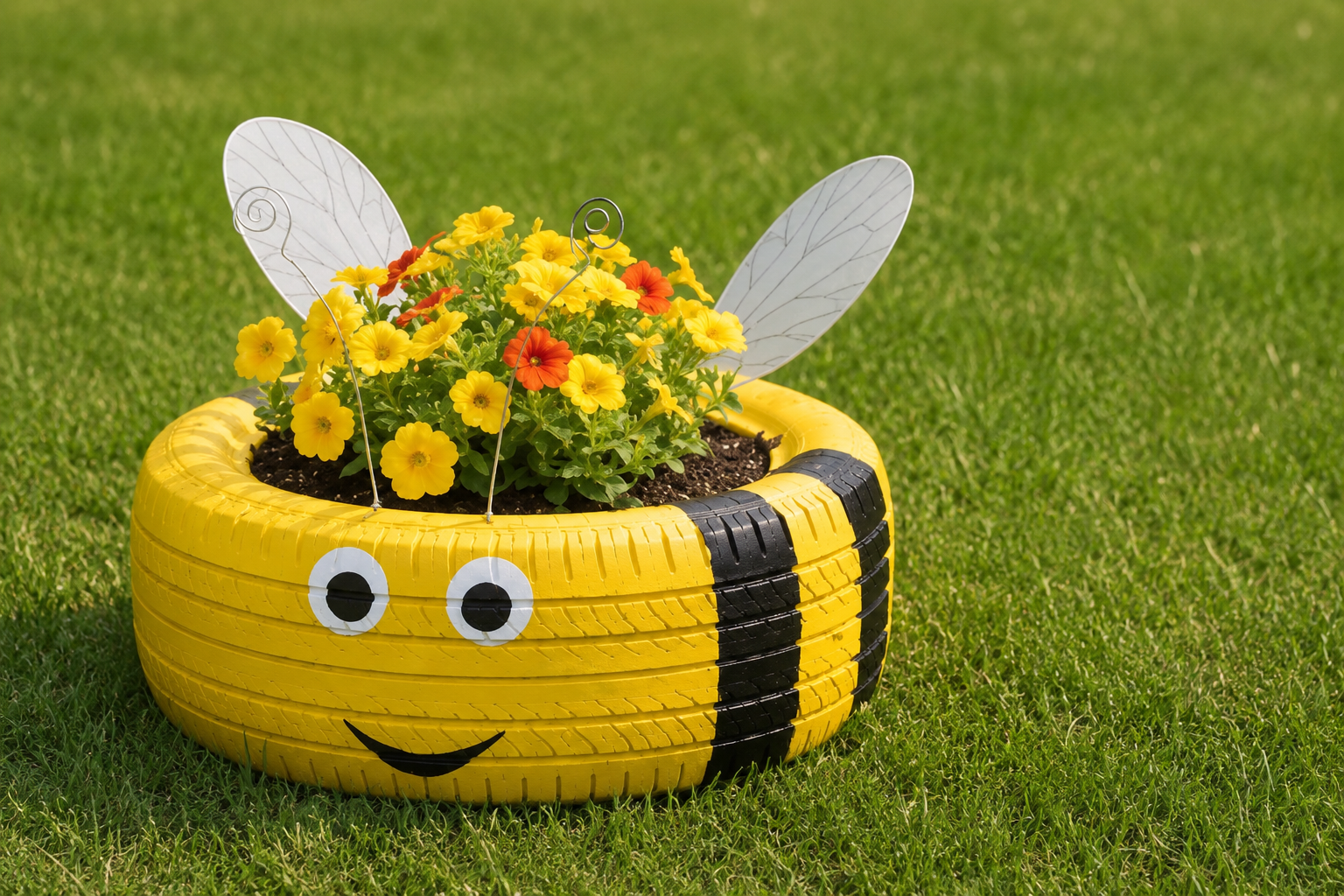Fioriera a forma di ape realizzata con uno pneumatico riciclato dipinto di giallo e nero, con fiori colorati, ali decorative e sfondo di prato verde