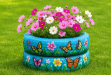 Fioriera realizzata con pneumatici riciclati dipinti di blu e decorati con farfalle e fiori, riempita con cosmee rosa, bianche e magenta su prato verde