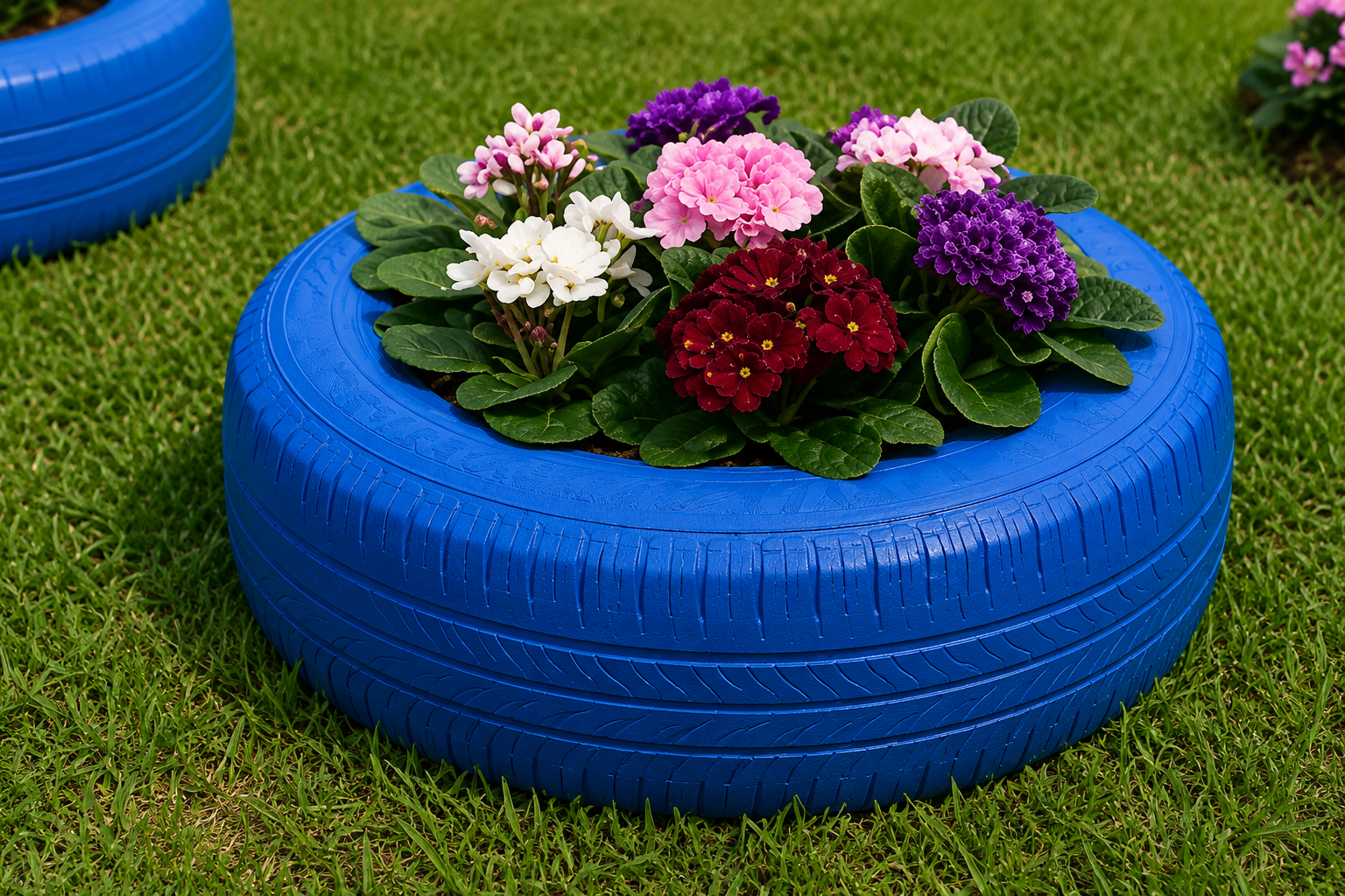 Fioriera realizzata con pneumatico riciclato dipinto di blu, riempita con fiori colorati rosa, bianchi, rossi e viola su un prato verde