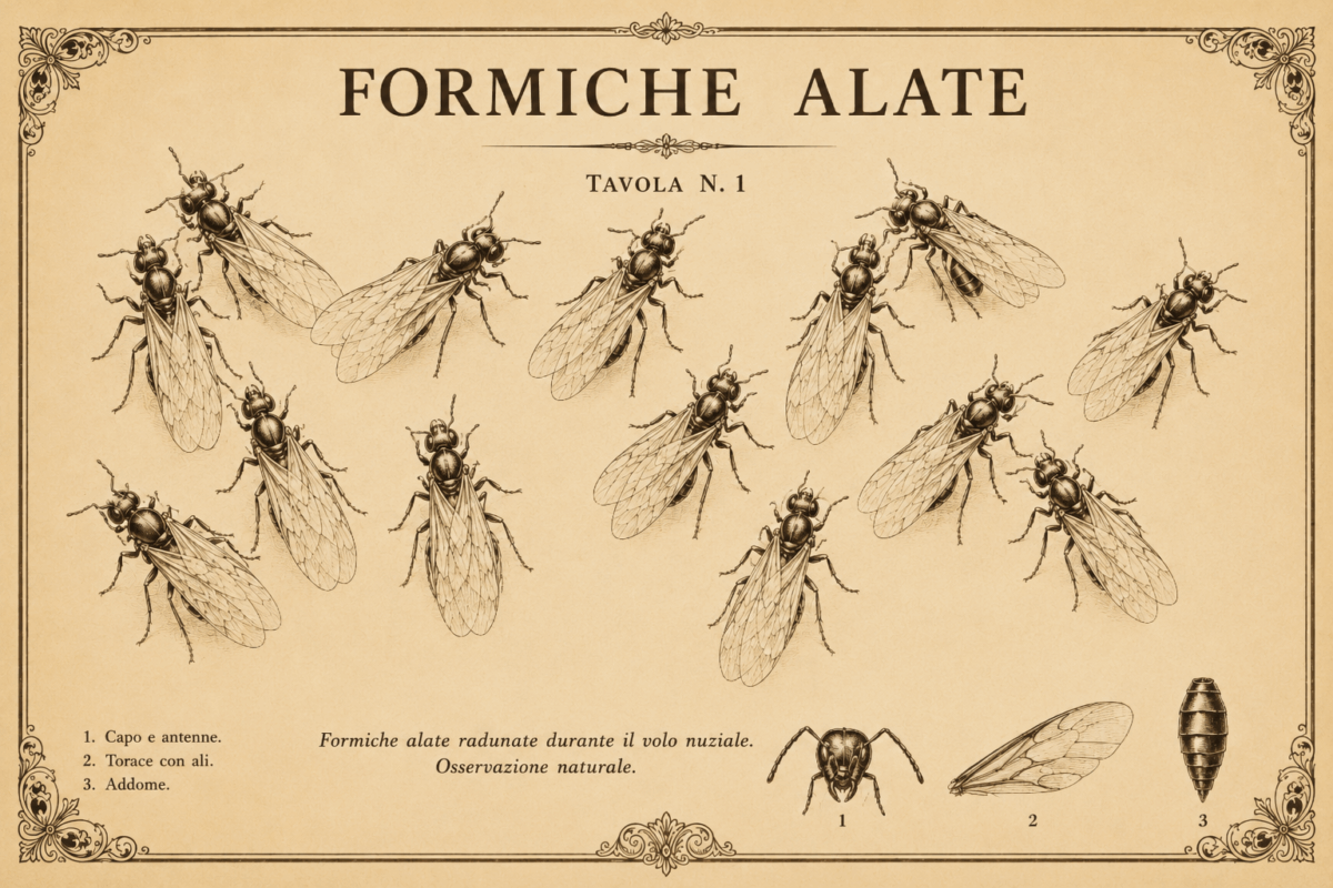 Illustrazione in stile stampa antica color seppia con colonia di formiche alate durante il volo nuziale, dettagli anatomici