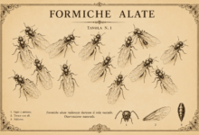 Illustrazione in stile stampa antica color seppia con colonia di formiche alate durante il volo nuziale, dettagli anatomici