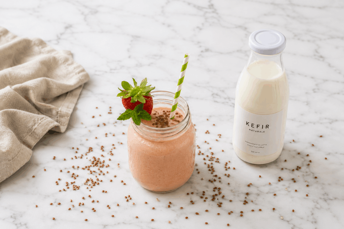 Frullato estivo alla frutta in barattolo di vetro con semi di lino in superficie, fragola, menta e cannuccia, su piano in marmo bianco con bottiglietta di kefir e semi di lino sparsi.