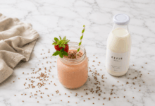 Frullato estivo alla frutta in barattolo di vetro con semi di lino in superficie, fragola, menta e cannuccia, su piano in marmo bianco con bottiglietta di kefir e semi di lino sparsi.