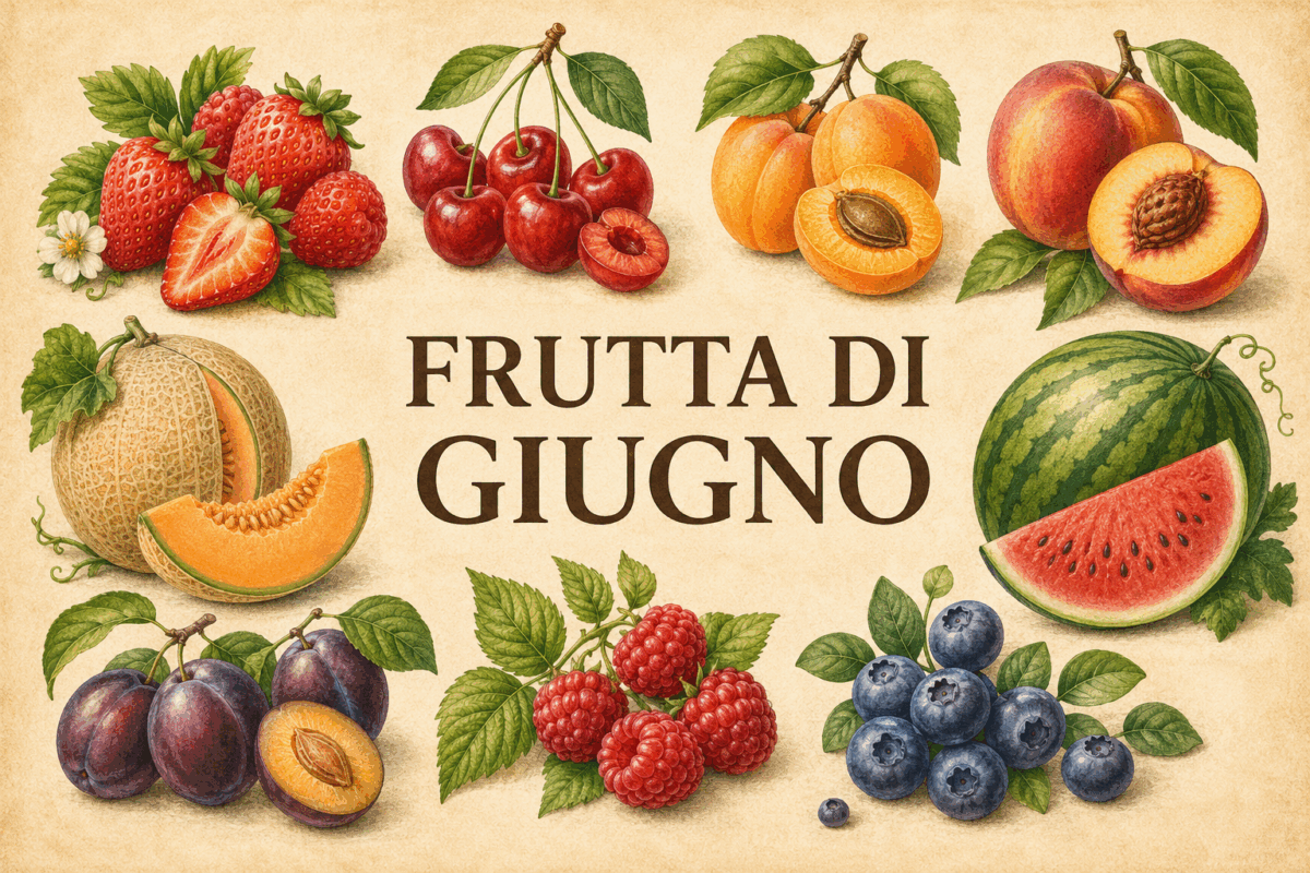 Illustrazione vintage della frutta di stagione di giugno con fragole, ciliegie, albicocche, pesche, melone, anguria, susine, lamponi e mirtilli