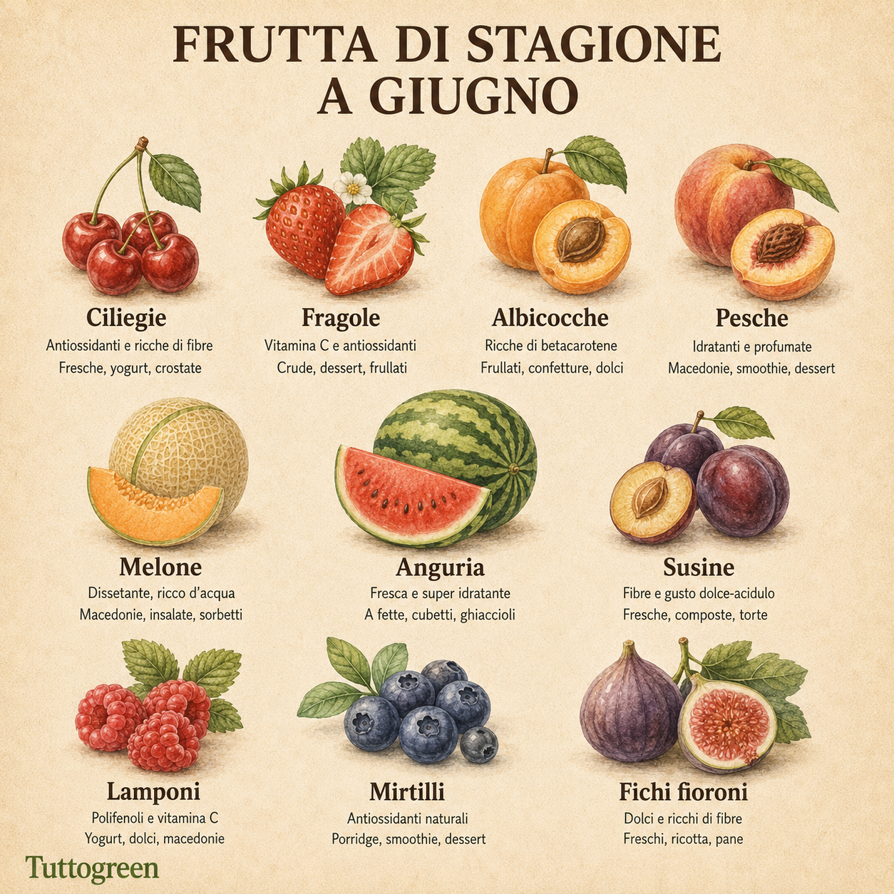 Infografica vintage sulla frutta di stagione di giugno con ciliegie, fragole, albicocche, pesche, melone, anguria, susine, lamponi, mirtilli e fichi fioroni, con proprietà e usi in cucina
