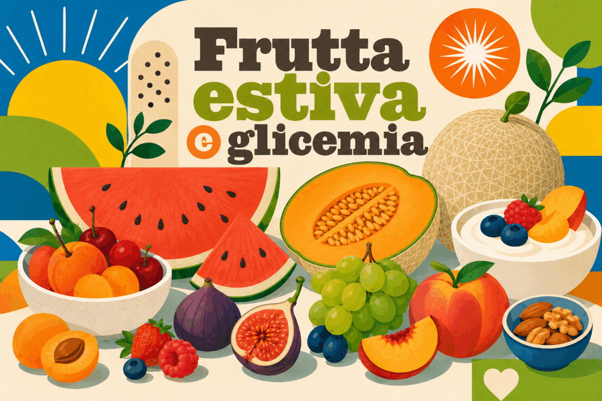 Illustrazione colorata con frutta estiva, anguria, melone, ciliegie, pesche, fichi, uva, yogurt e frutta secca, con titolo Frutta estiva e glicemia
