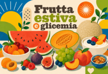 Illustrazione colorata con frutta estiva, anguria, melone, ciliegie, pesche, fichi, uva, yogurt e frutta secca, con titolo Frutta estiva e glicemia