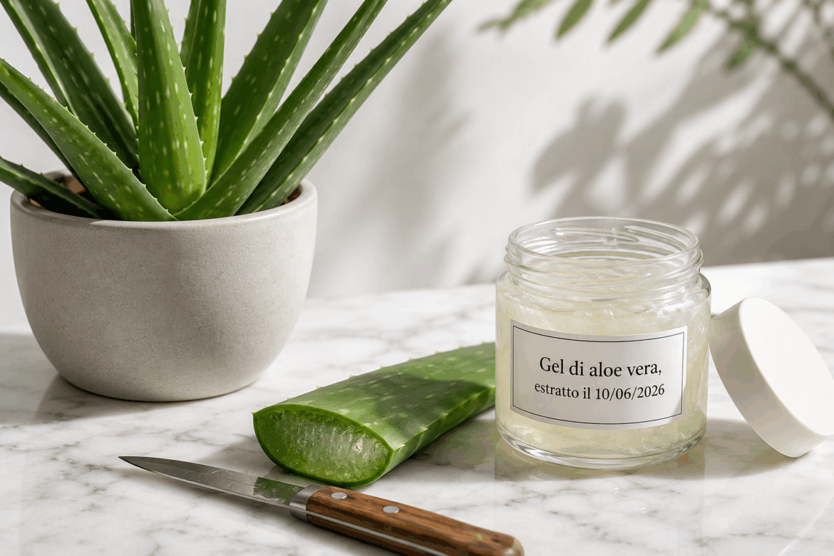 Pianta di aloe vera con foglia tagliata, gel visibile e vasetto etichettato su piano di marmo bianco