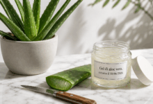 Pianta di aloe vera con foglia tagliata, gel visibile e vasetto etichettato su piano di marmo bianco