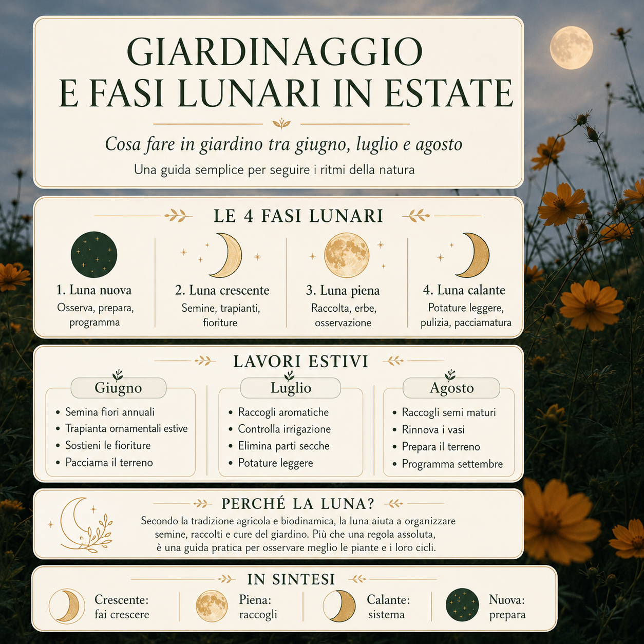 Infografica quadrata sul giardinaggio estivo secondo le fasi lunari, con luna nuova, crescente, piena e calante, lavori da fare in giardino a giugno, luglio e agosto e fiori sullo sfondo