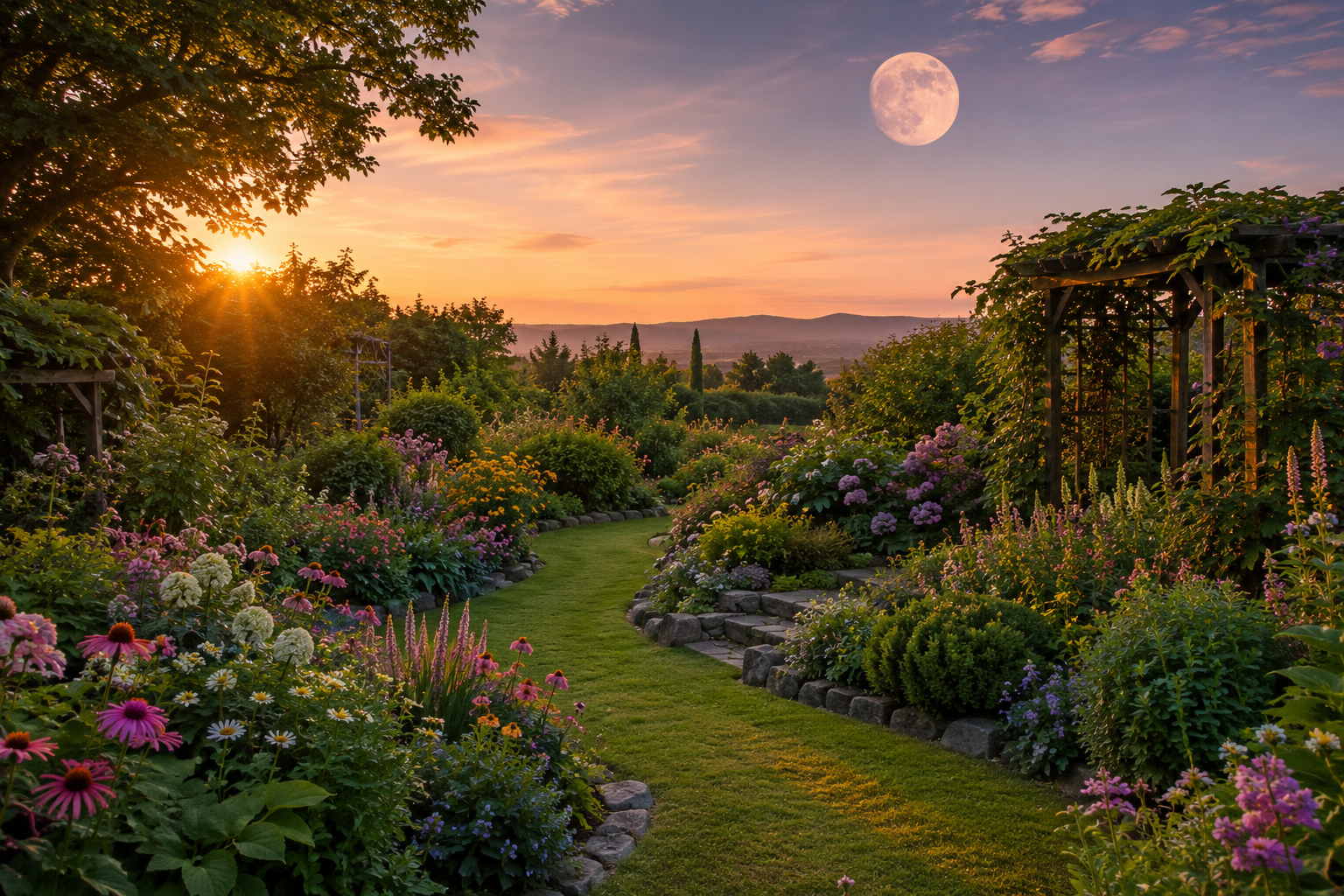 Giardino estivo al tramonto con fiori, piante verdi e luna visibile nel cielo, simbolo del giardinaggio secondo le fasi lunari
