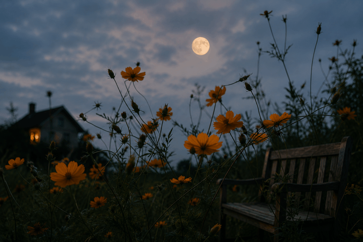 Giardino estivo al chiaro di luna con fiori gialli leggermente illuminati, panchina di legno e sagoma di una casa sullo sfondo