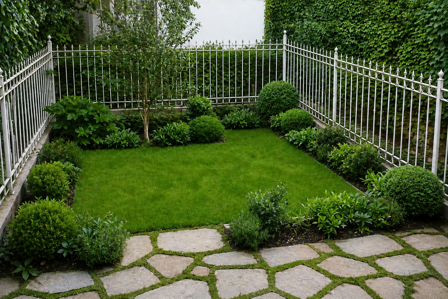 Piccolo giardino verde con prato, arbusti e aiuole, protetto dal sole e dal caldo estivo con soluzioni naturali ed ecologiche utili anche quando si parte
