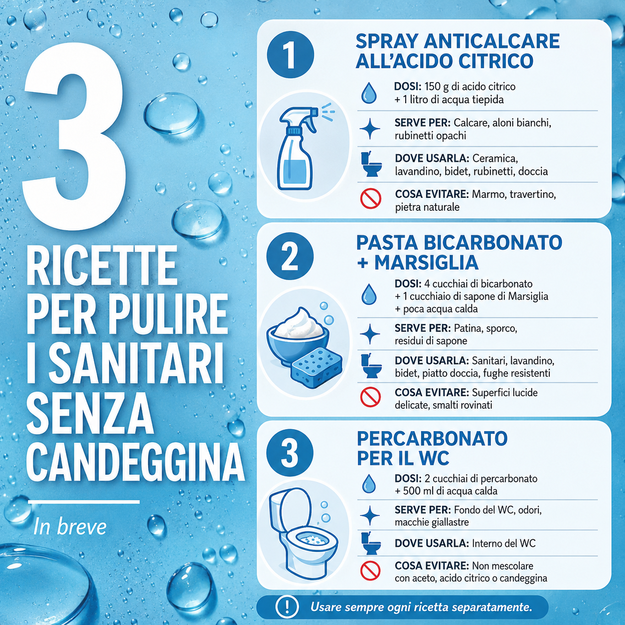 Infografica quadrata con 3 ricette per pulire i sanitari senza candeggina, con dosi, a cosa servono, dove usarle e cosa evitare