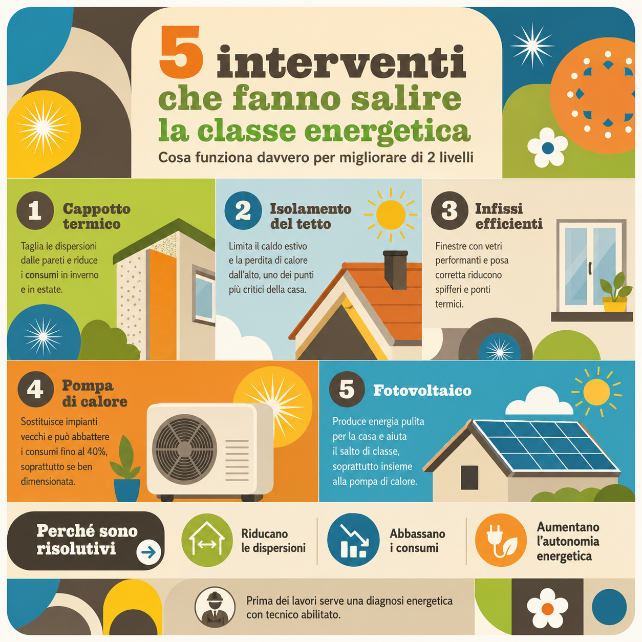 Infografica grafica e colorata che riassume i 5 interventi principali per migliorare di due livelli la classe energetica di una casa: cappotto termico, isolamento del tetto, infissi efficienti, pompa di calore e fotovoltaico