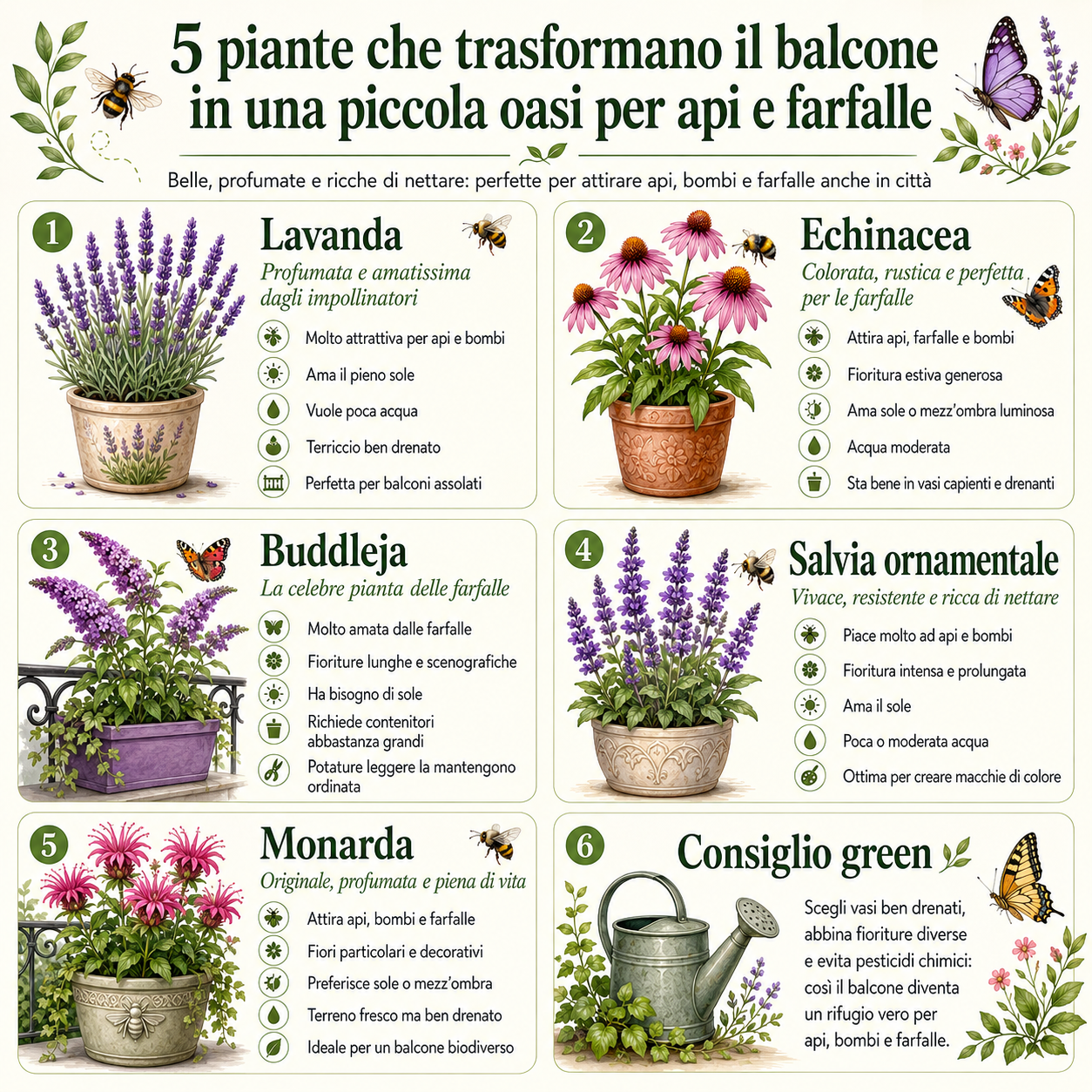 Infografica illustrata con 5 piante da balcone per attirare api, bombi e farfalle: lavanda, echinacea, buddleja, salvia ornamentale e monarda, con consigli di cura