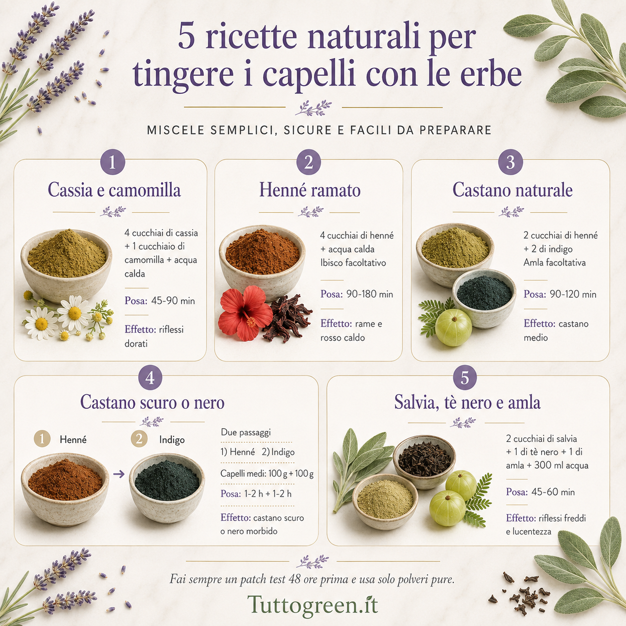 Infografica con 5 ricette naturali per tingere i capelli con le erbe tintorie, tra cui cassia e camomilla, henné ramato, castano naturale con henné e indigo, doppio passaggio per castano scuro o nero e miscela con salvia, tè nero e amla