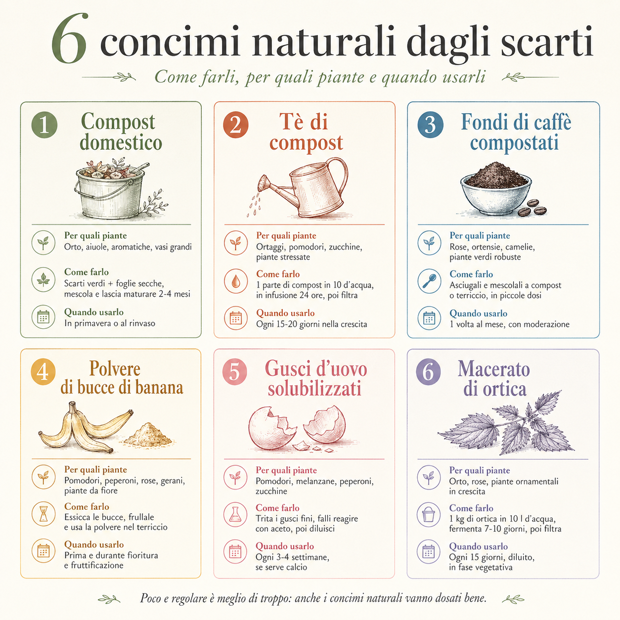 Infografica con 6 concimi naturali ricavati dagli scarti di cucina e giardino: compost domestico, tè di compost, fondi di caffè compostati, polvere di bucce di banana, gusci d’uovo solubilizzati e macerato di ortica, con indicazioni su piante adatte, preparazione e momento d’uso