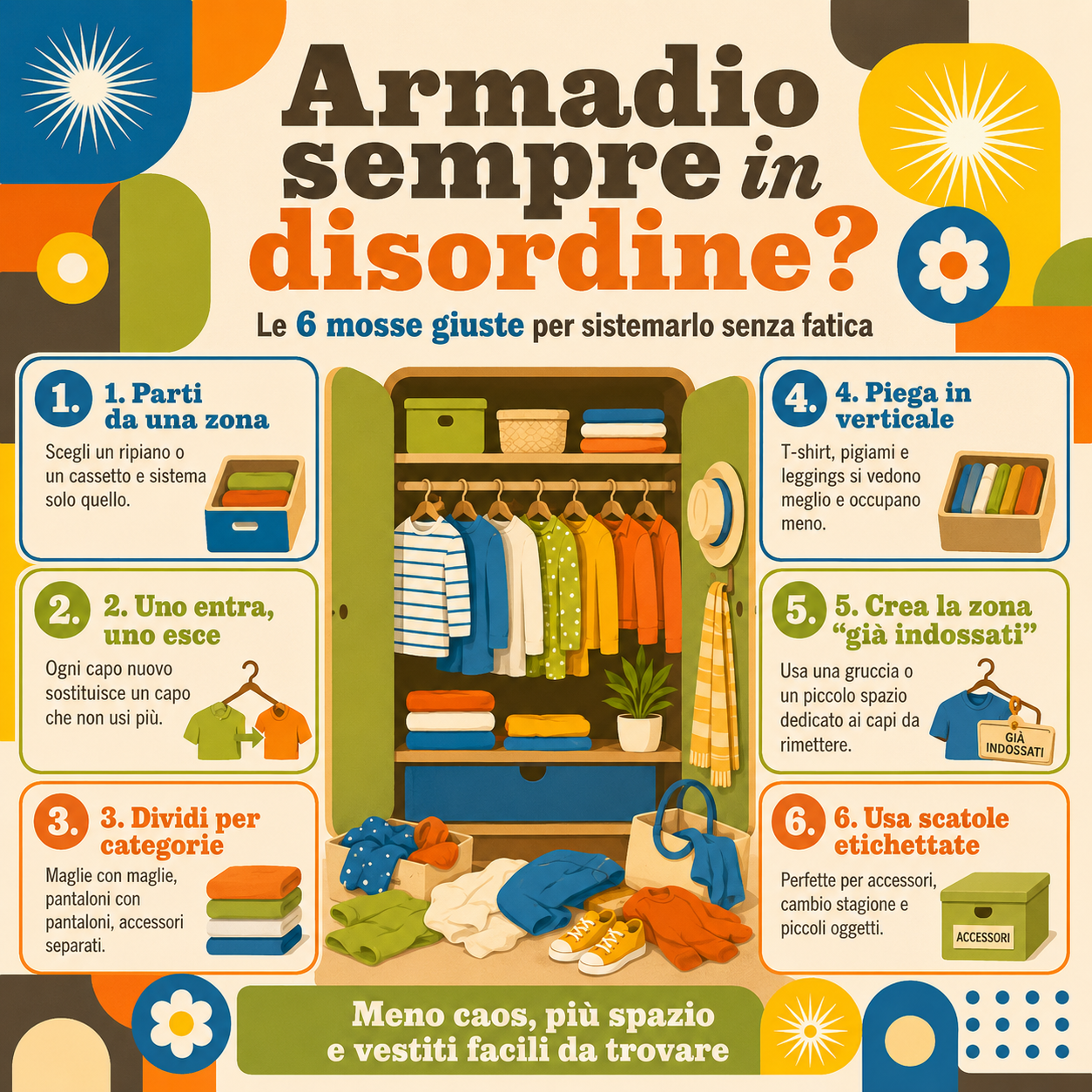 Infografica colorata in stile rétro con armadio aperto e 6 consigli pratici per sistemare un armadio sempre in disordine, tra cui dividere per categorie, piegare in verticale e usare scatole etichettate