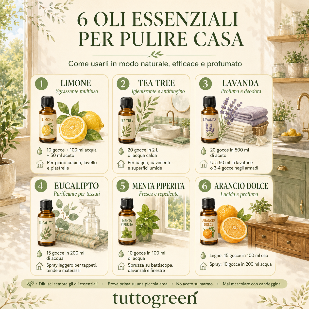Infografica che riassume 6 modi per usare i principali oli essenziali nelle pulizie di casa: limone per sgrassare, tea tree per igienizzare, lavanda per profumare il bucato, eucalipto per rinfrescare i tessuti, menta piperita come repellente naturale e arancio dolce per lucidare e profumar