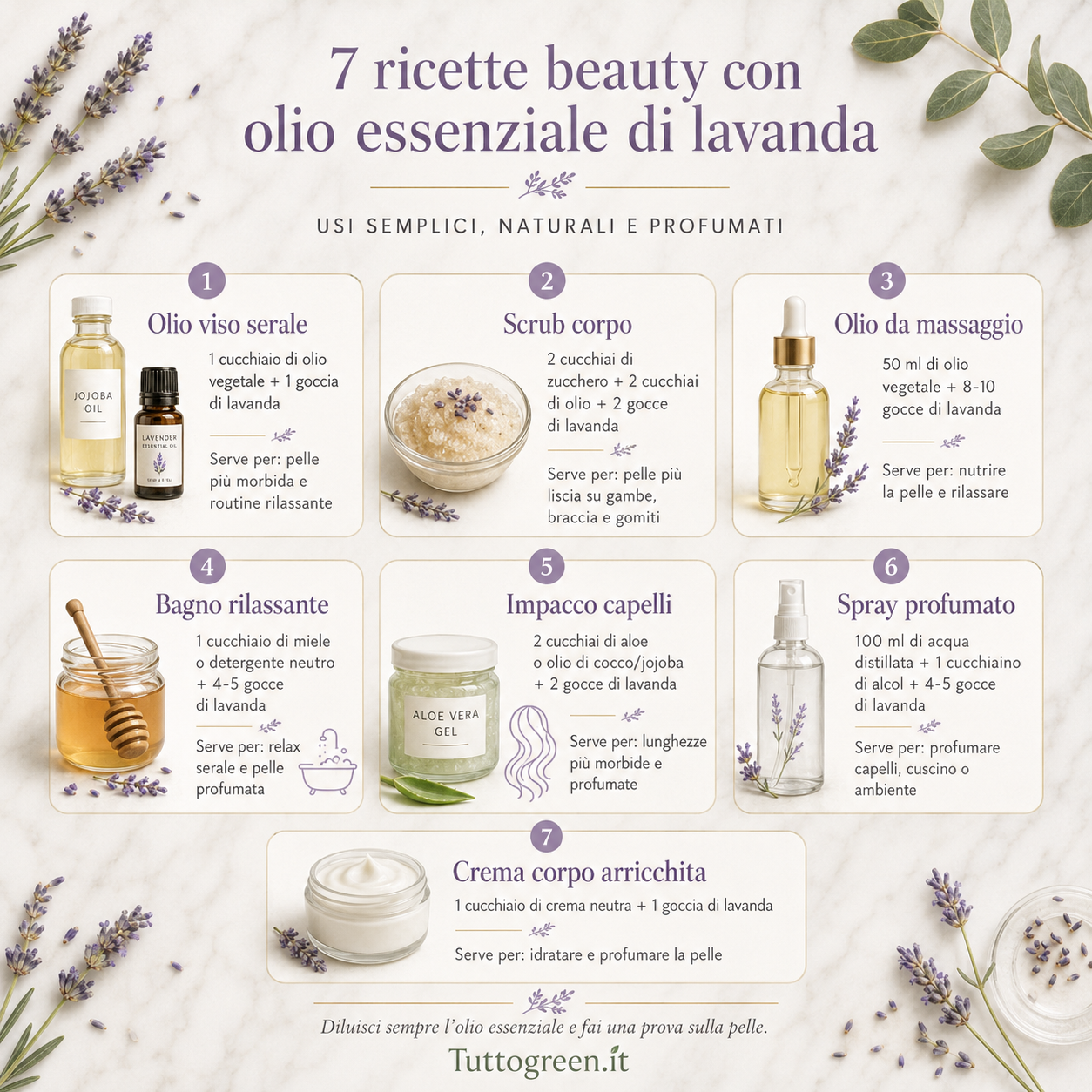 Infografica quadrata con 7 ricette beauty a base di olio essenziale di lavanda, con usi sintetici per viso, corpo, massaggio, bagno rilassante, capelli, spray profumato e crema corpo
