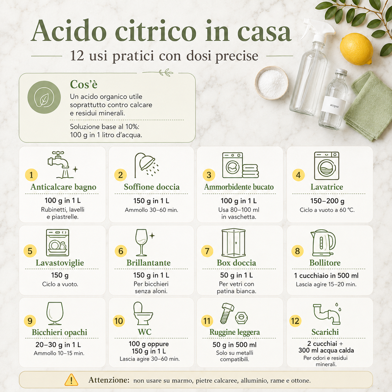 Infografica minimal con 12 usi dell’acido citrico in casa, con dosi per anticalcare, ammorbidente, lavatrice, lavastoviglie, brillantante, box doccia, bollitore, WC, ruggine e scarichi