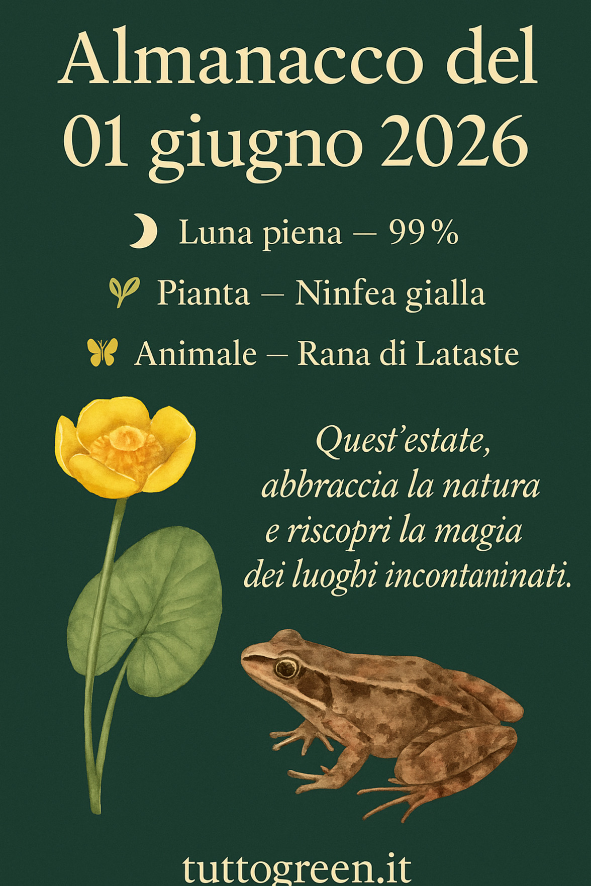 Infografica Almanacco del 01 giugno 2026 — Ninfea gialla e Rana di Lataste