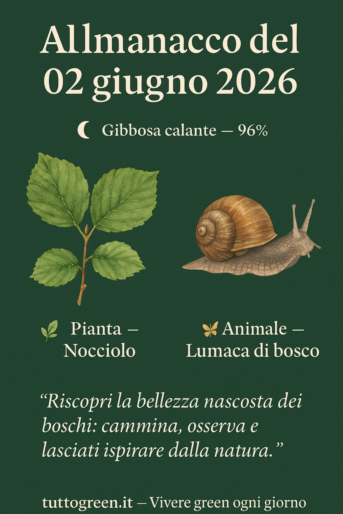 Infografica Almanacco del 02 giugno 2026 — Nocciolo e Lumaca di bosco