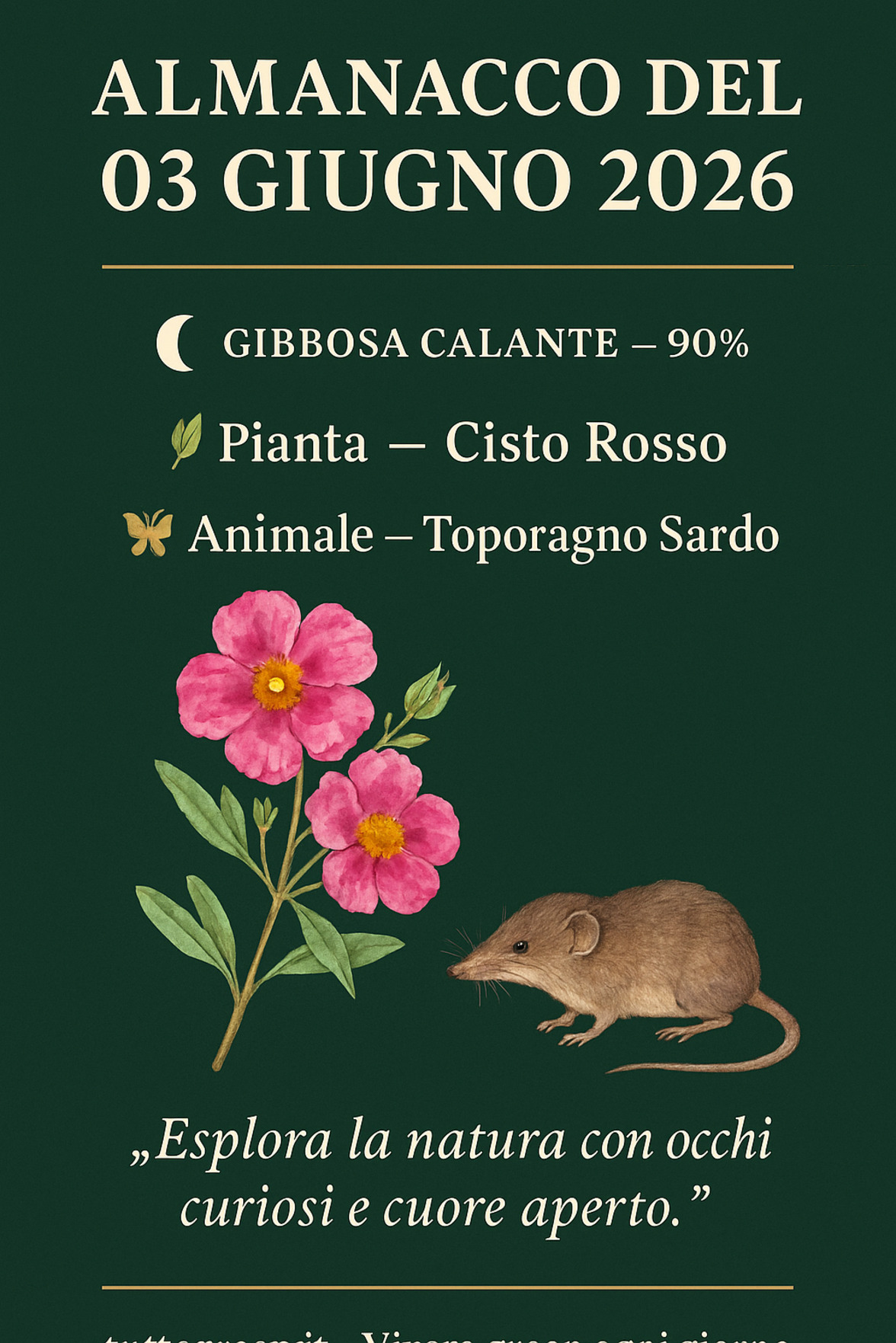 Infografica Almanacco del 03 giugno 2026 — Cisto Rosso e Toporagno Sardo
