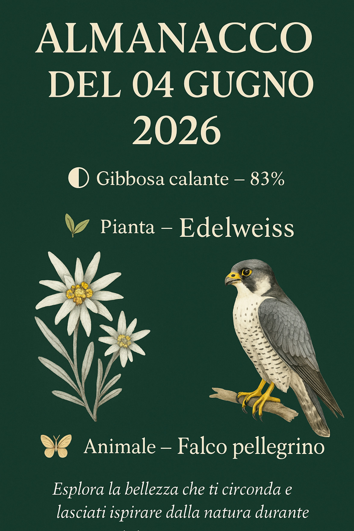 Infografica Almanacco del 04 giugno 2026 — Edelweiss e Falco pellegrino