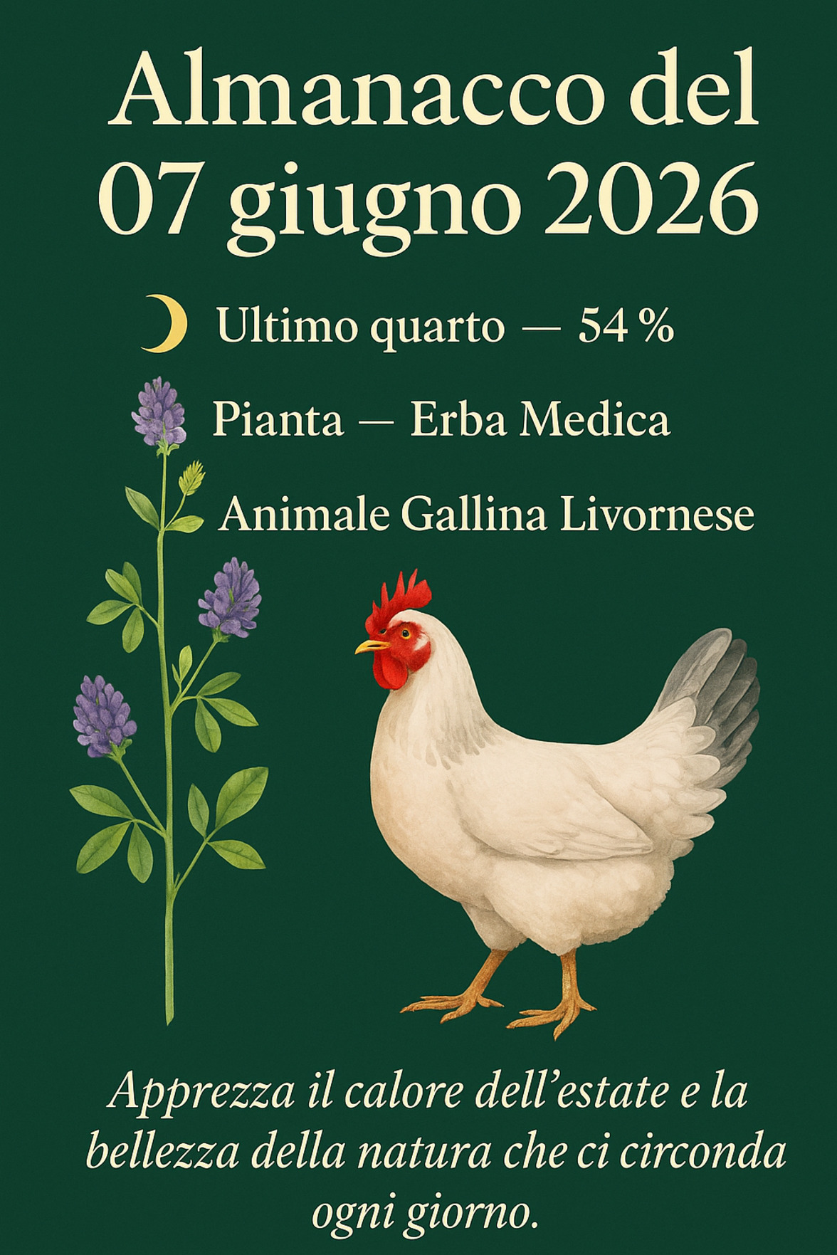 Infografica Almanacco del 07 giugno 2026 — Erba Medica e Gallina Livornese