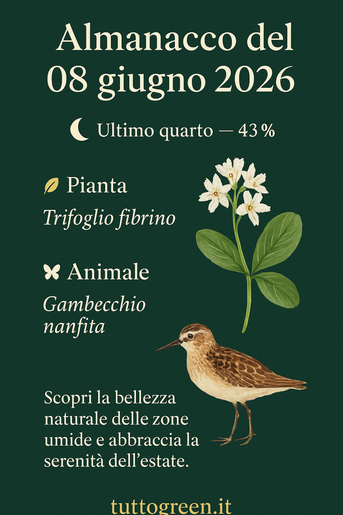 Infografica Almanacco del 08 giugno 2026 — Trifoglio fibrino e Gambecchio nanfita