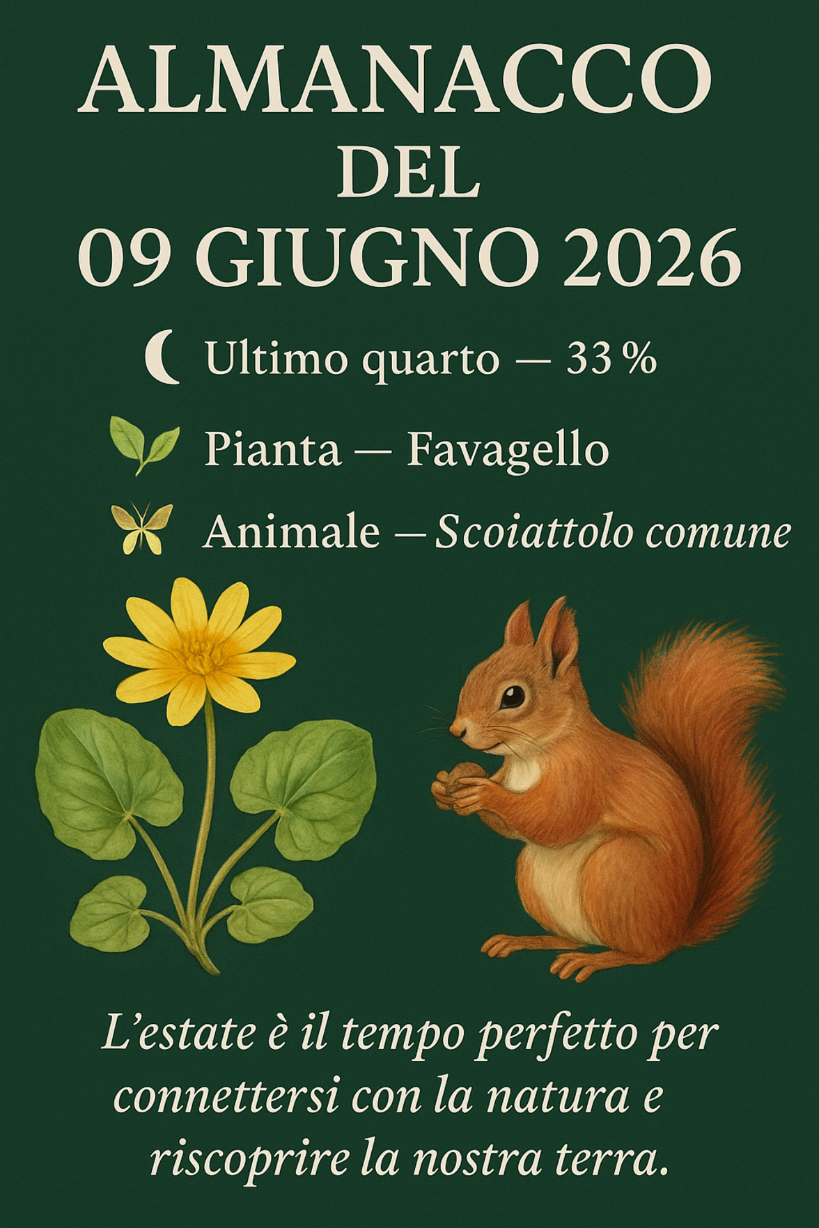 Infografica Almanacco del 09 giugno 2026 — Favagello e Scoiattolo comune