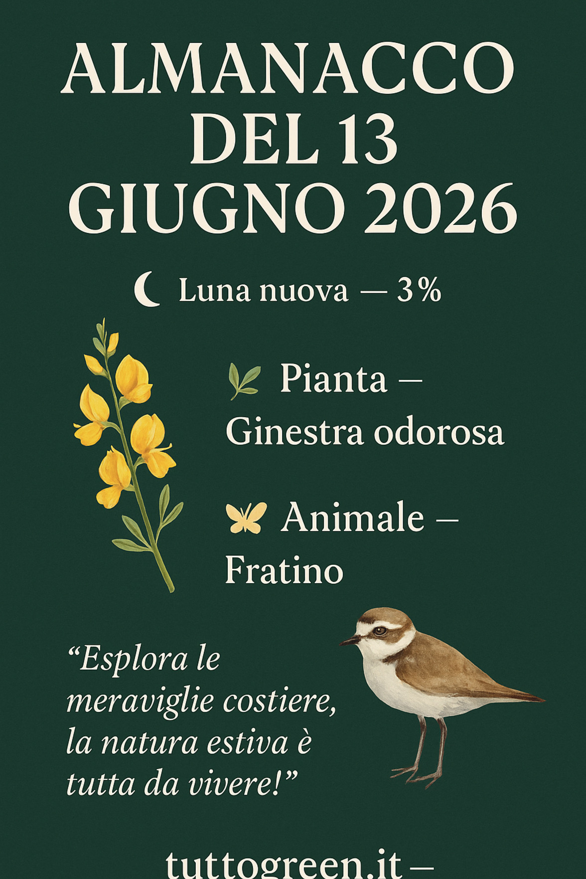 Infografica Almanacco del 13 giugno 2026 — Ginestra odorosa e Fratino