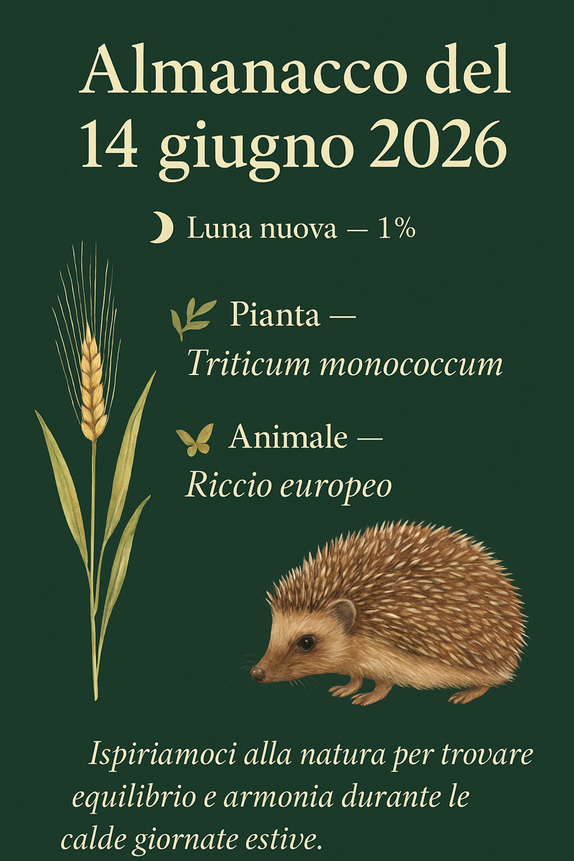 Infografica Almanacco del 14 giugno 2026 — Triticum monococcum e Riccio europeo