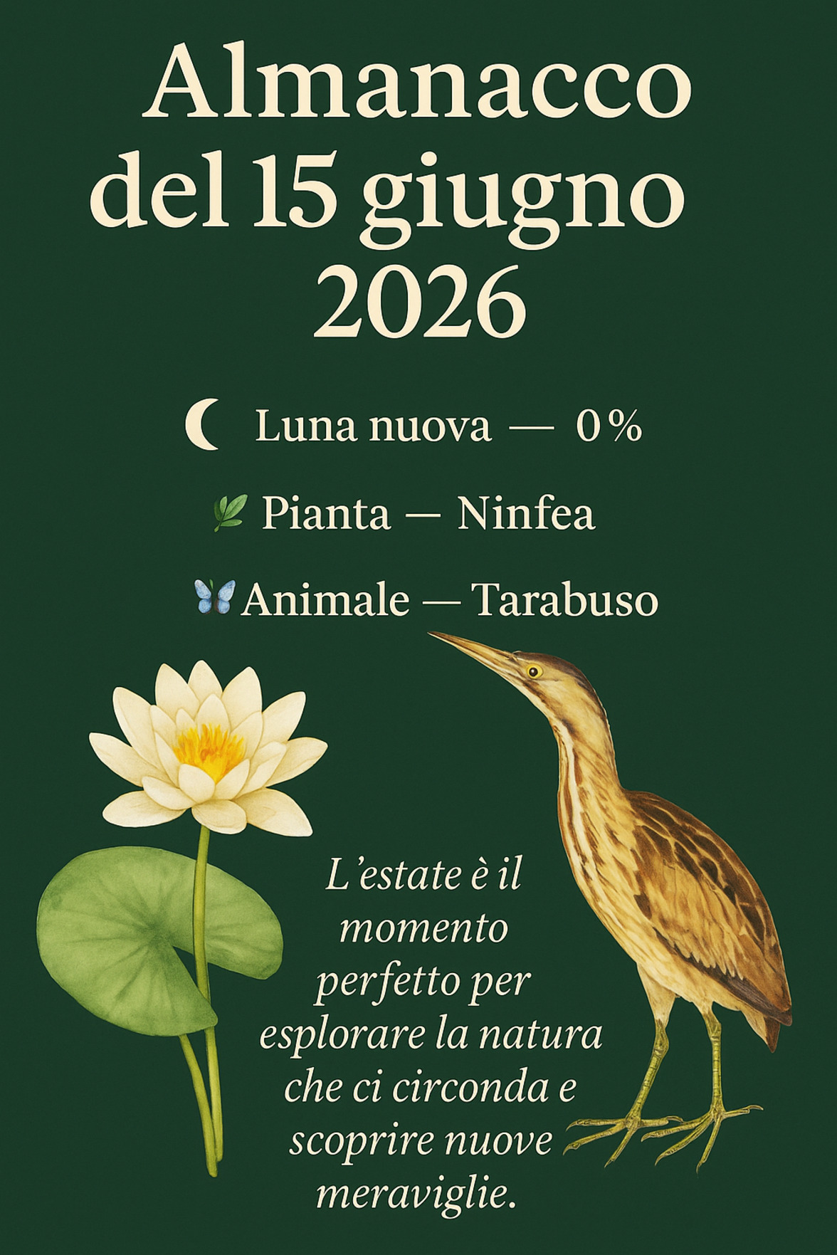 Infografica Almanacco del 15 giugno 2026 — Ninfea e Tarabuso