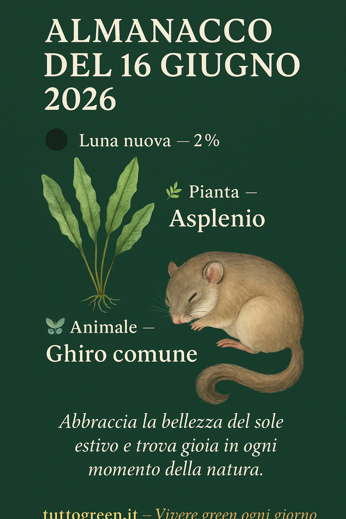 Infografica Almanacco del 16 giugno 2026 — Asplenio e Ghiro comune