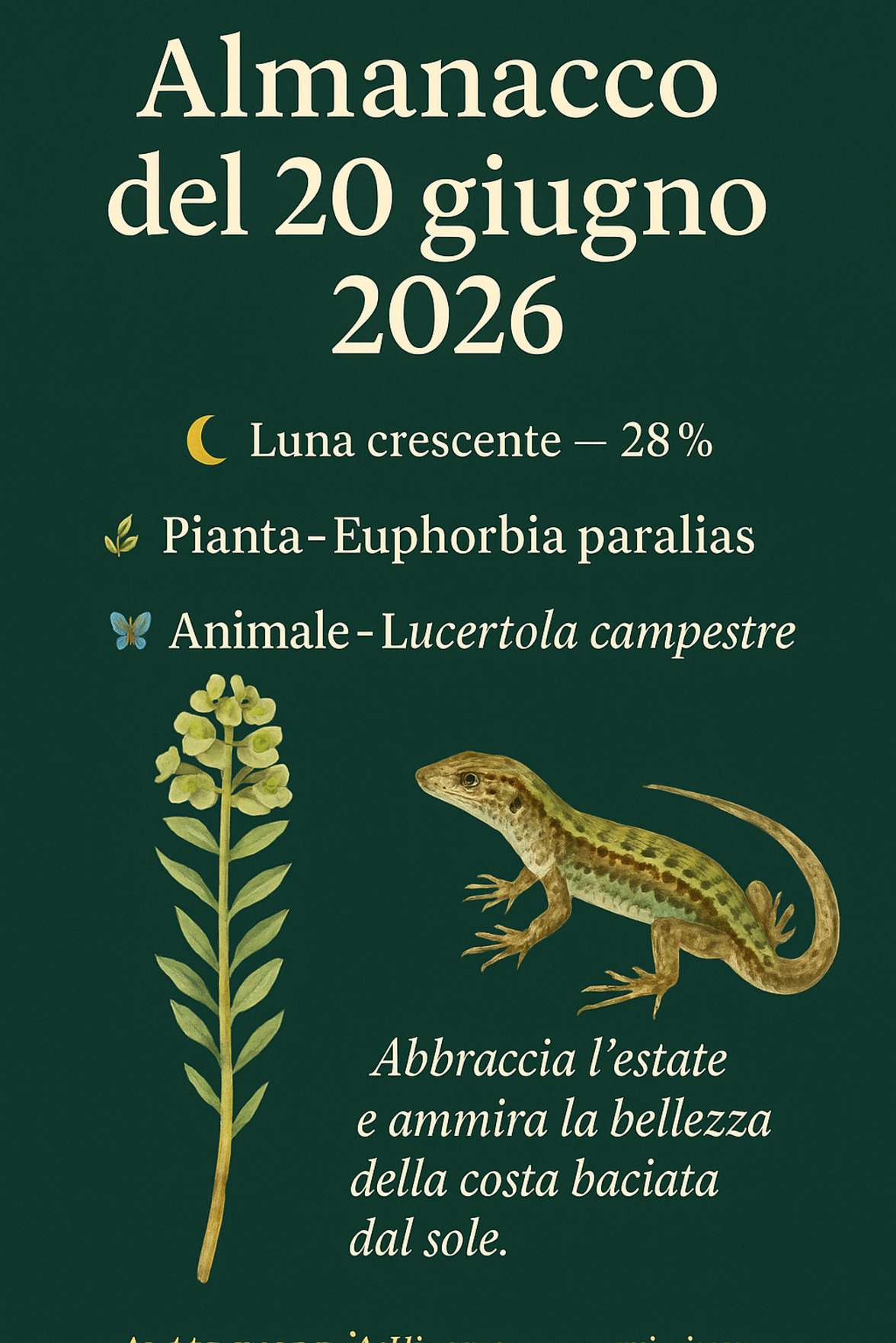 Infografica Almanacco del 20 giugno 2026 — Euphorbia paralias e Lucertola campestre