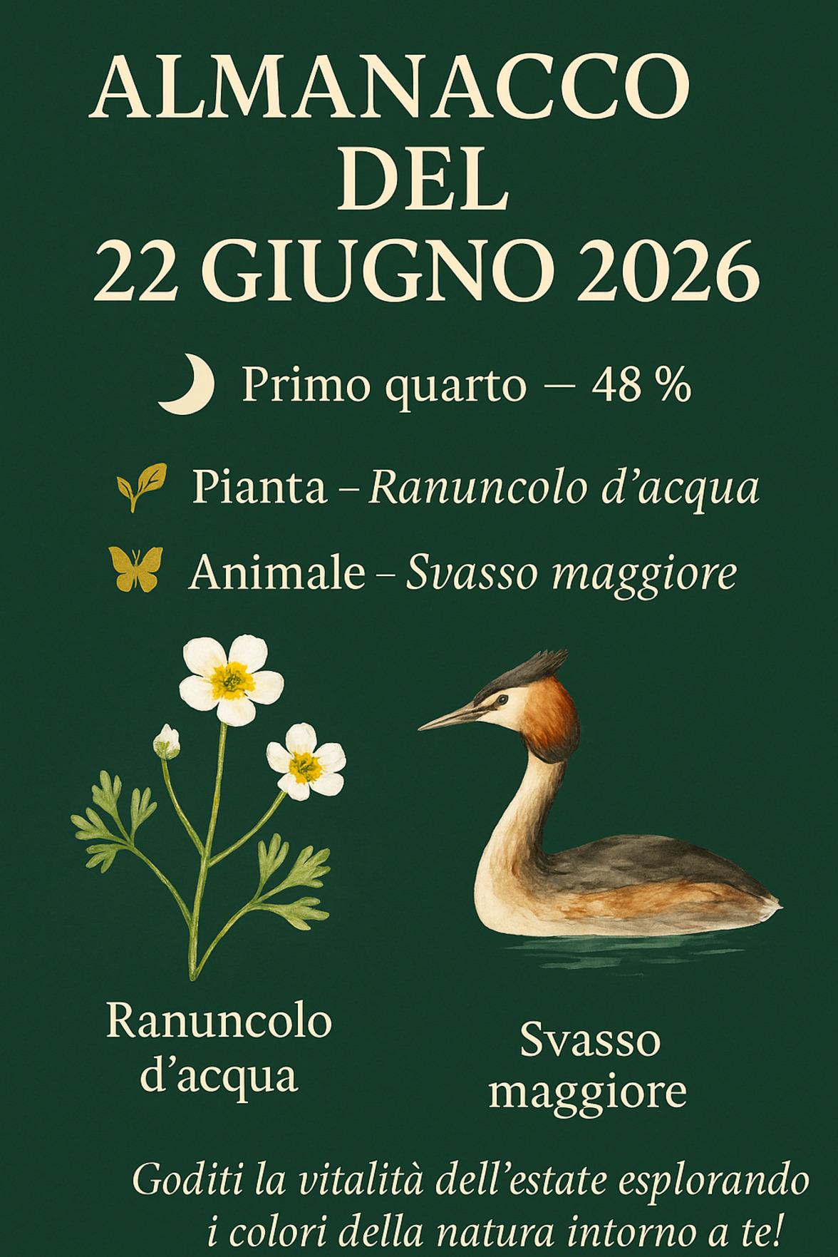 Infografica Almanacco del 22 giugno 2026 — Ranuncolo d'acqua e Svasso maggiore