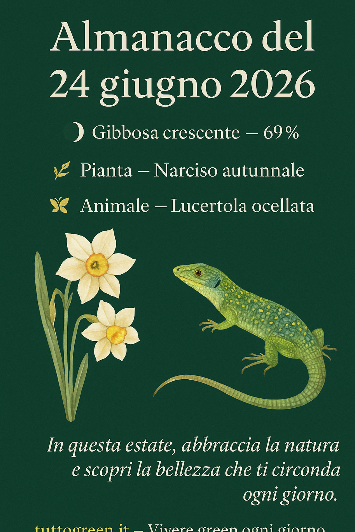 Infografica Almanacco del 24 giugno 2026 — Narciso autunnale e Lucertola ocellata