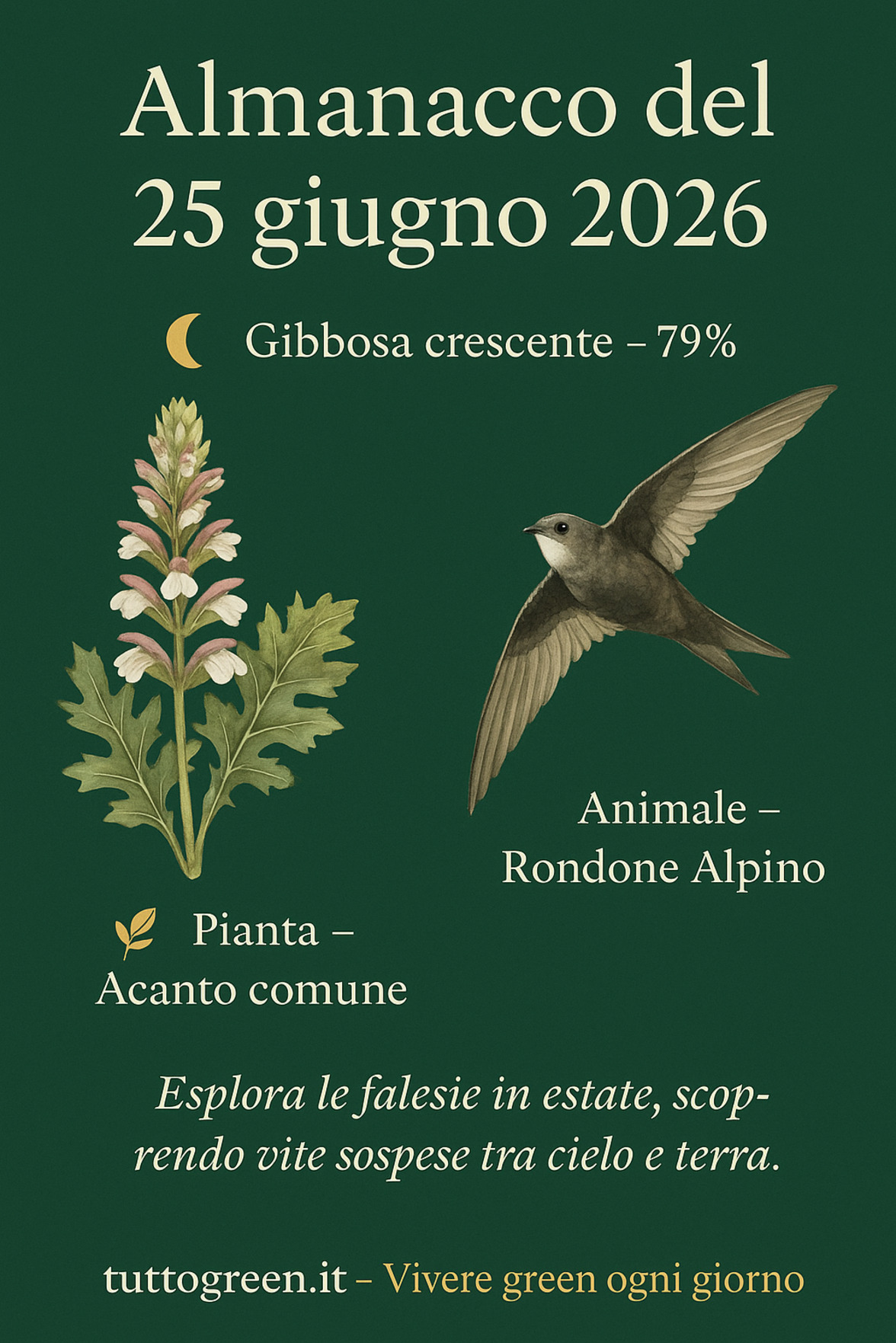 Infografica Almanacco del 25 giugno 2026 — Acanto comune e Rondone Alpino
