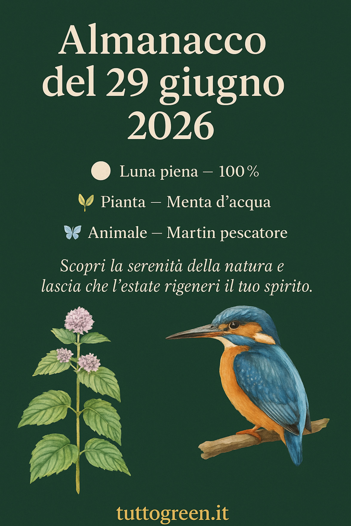 Infografica Almanacco del 29 giugno 2026 — Menta d'acqua e Martin pescatore