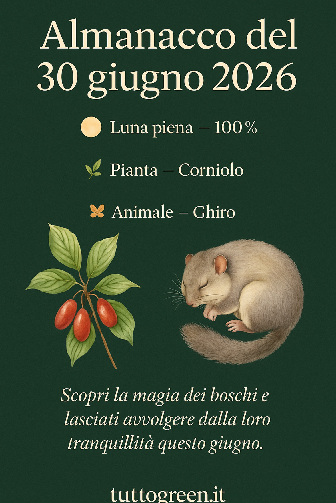 Infografica Almanacco del 30 giugno 2026 — Corniolo e Ghiro