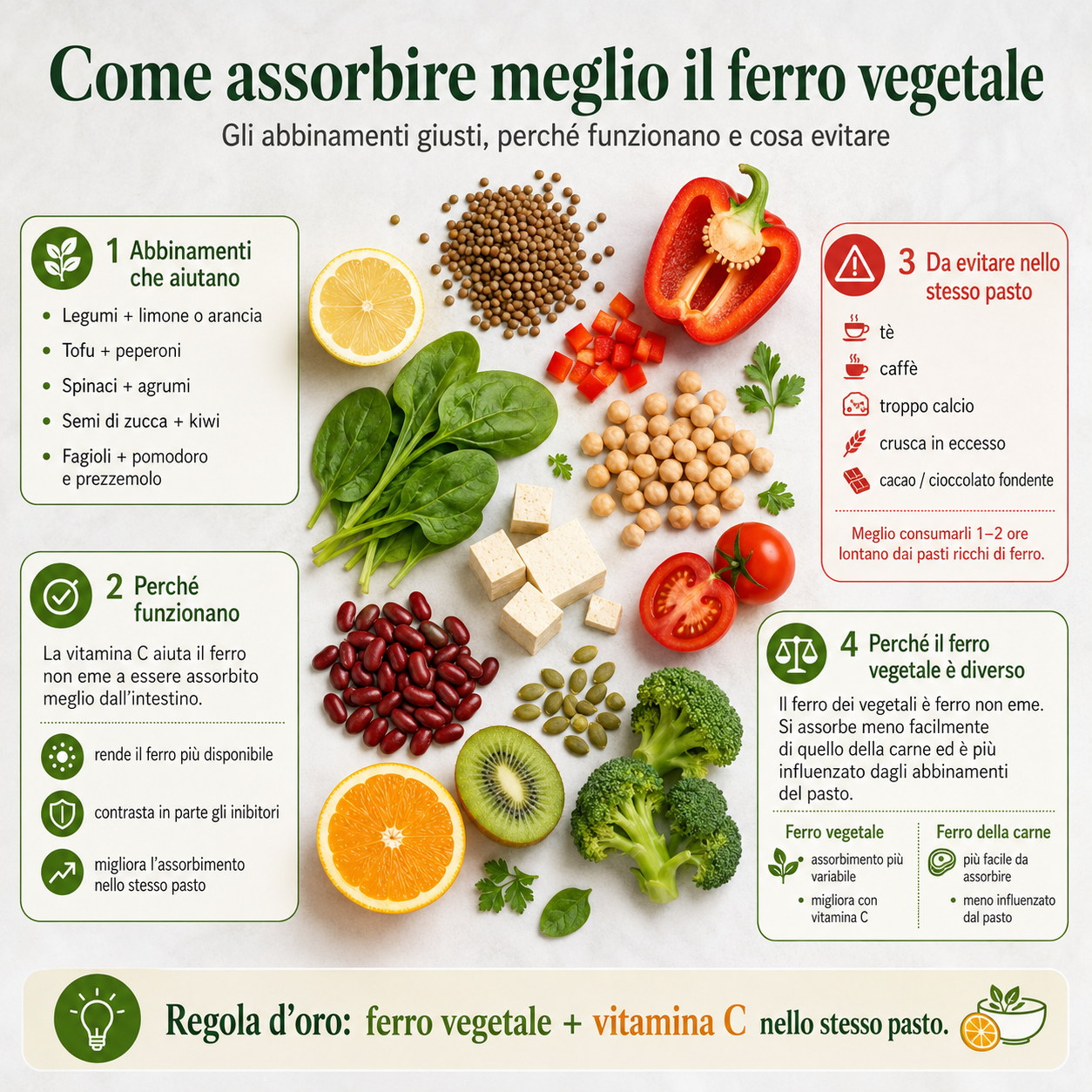 Infografica quadrata sugli abbinamenti utili per migliorare l’assorbimento del ferro vegetale, con esempi come legumi e agrumi, tofu e peperoni, spinaci e vitamina C, alimenti da evitare nello stesso pasto come tè e caffè, e spiegazione della differenza tra ferro vegetale e ferro della carne