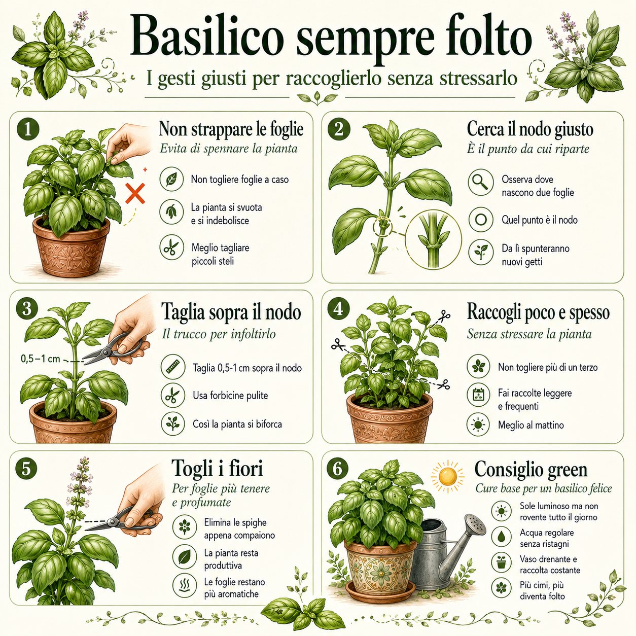 Infografica illustrata che spiega come raccogliere il basilico senza strapparlo, dove tagliare sopra il nodo, come togliere i fiori e quali cure seguire per mantenerlo sempre folto.